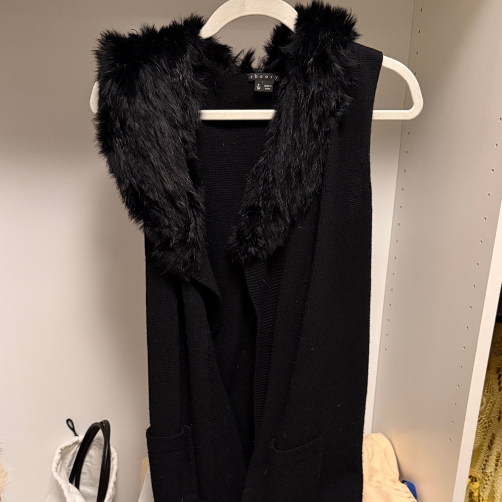 Theory Black Vest with Rabbit Fur hood